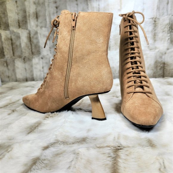 ☆ Adorable Nude Suede 2" Gold Chunky Heel Ankle Bootie - Picture 7 of 7